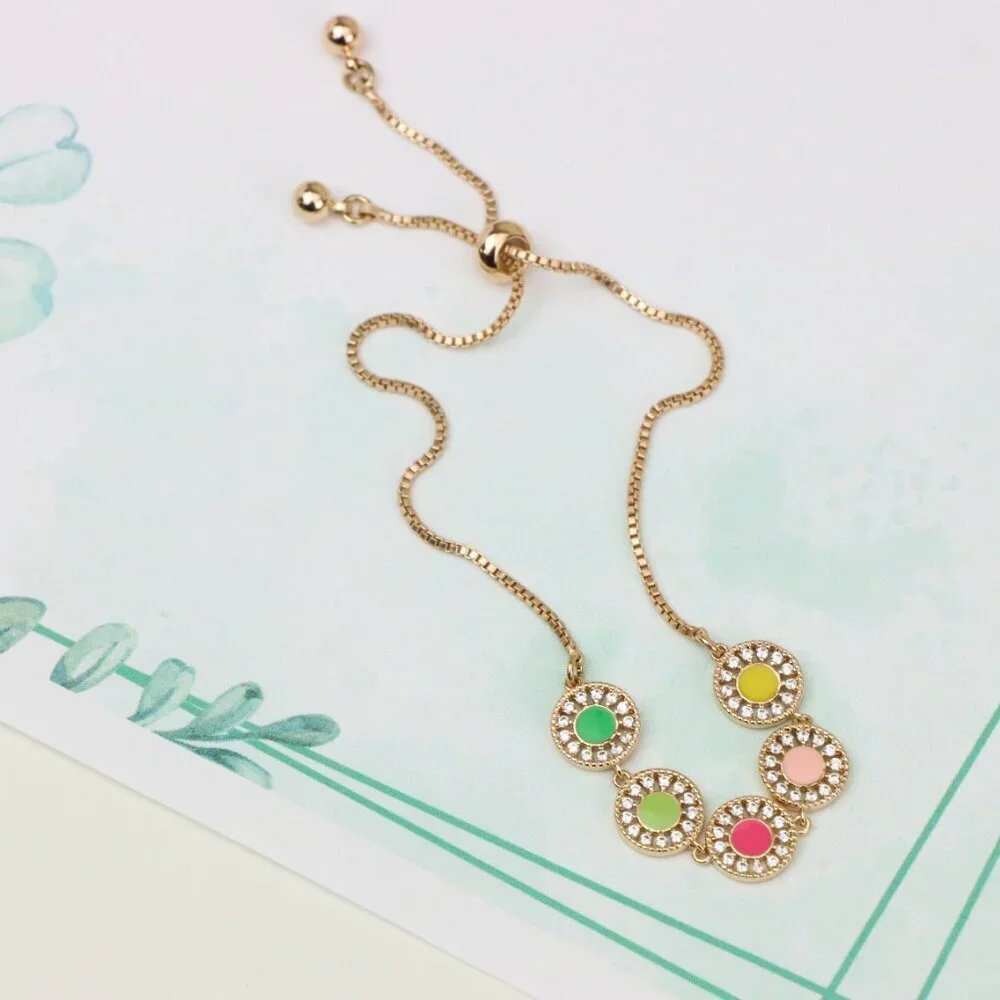 Rose Gold Adjustable Bracelet with Colorful CZ Disc Charms, XPAB0659
